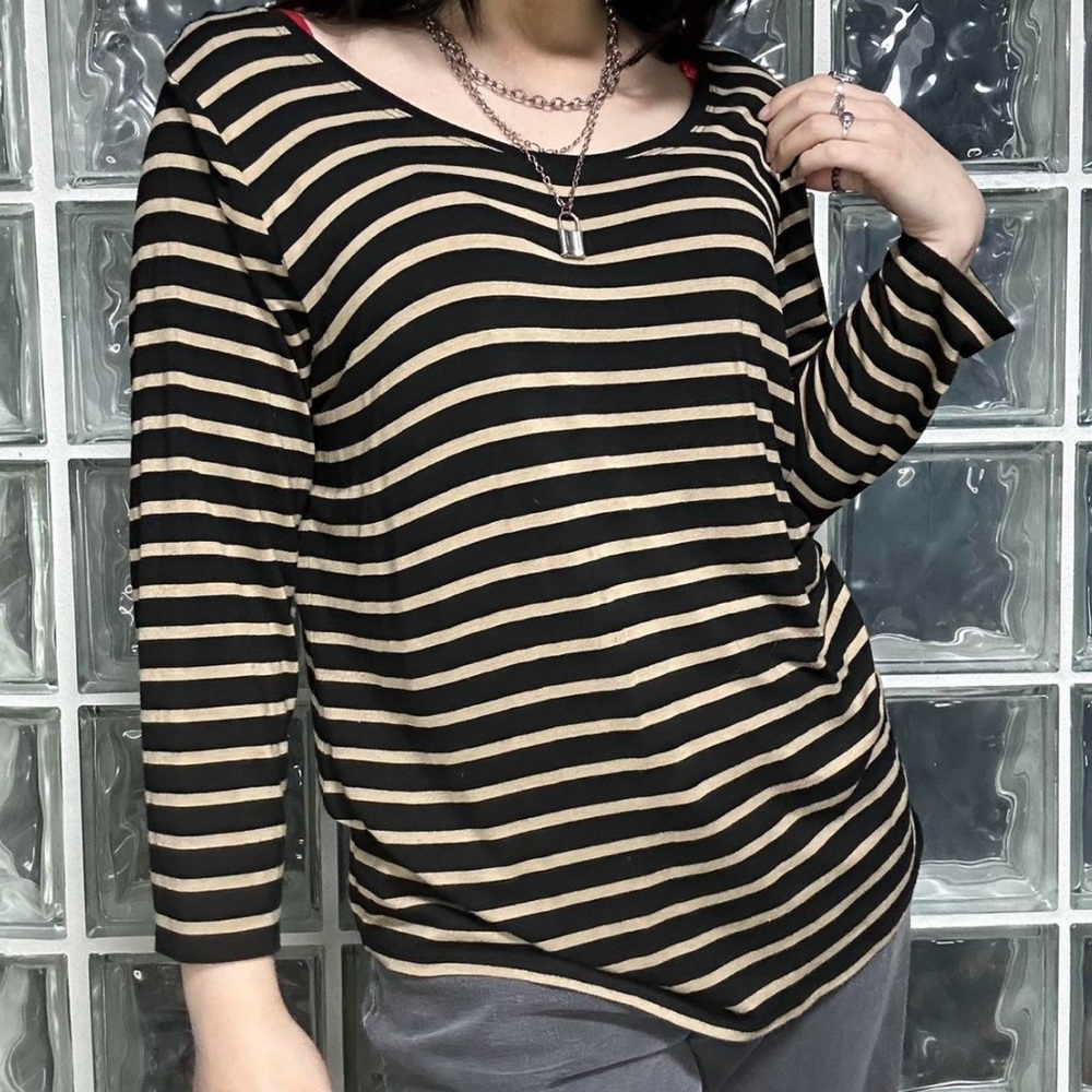 Max Studio Black and Tan Striped Long Sleeve Top